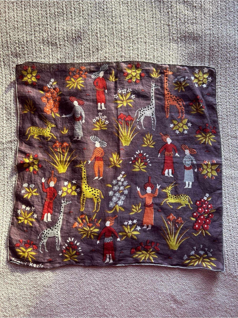 Vintage Tammis Keefe Square Giraffe Floral Linen Handkerchief